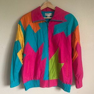 Vintage 80s Colorful Patchwork Silk Linen Adam Douglass Zip-up Jacket - Size XL